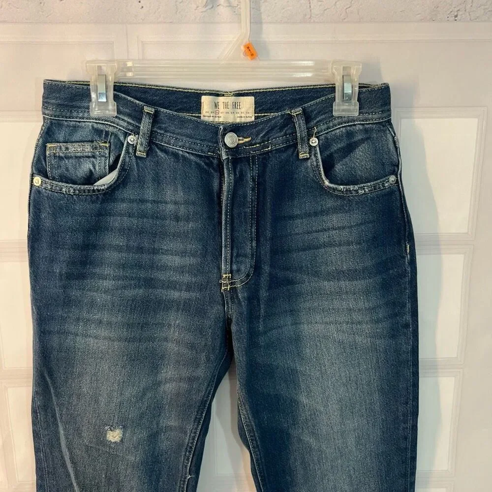 Free People Blue Maggie Whiskered Faded Cotton Cropped Raw Hem Jeans Size 26